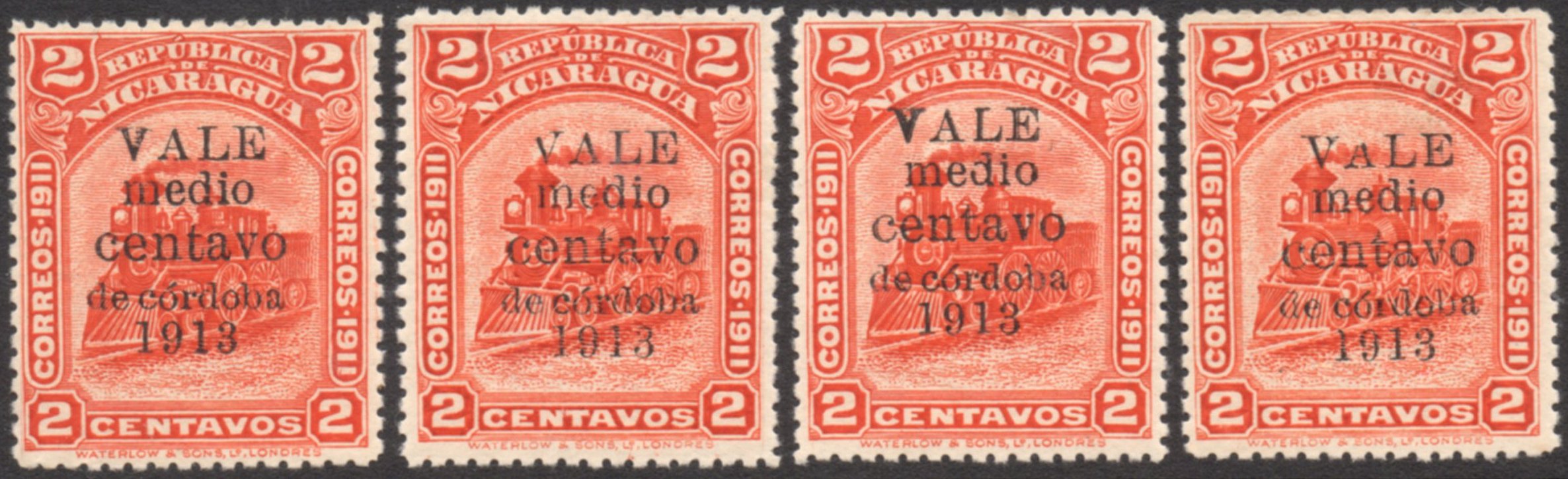 Nicaragua stamps 1913 surcharges Locomotive medio centavo Varieties on the word VALE